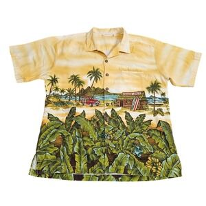 Trader Joes Hawaiian Shirt Mens XXL Yellow Tropical Beach Aloha Button‎ Up Camp